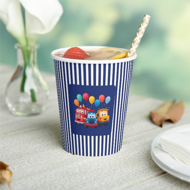Blue Striped Truck Birthday Theme Paper Cups (Insitu)