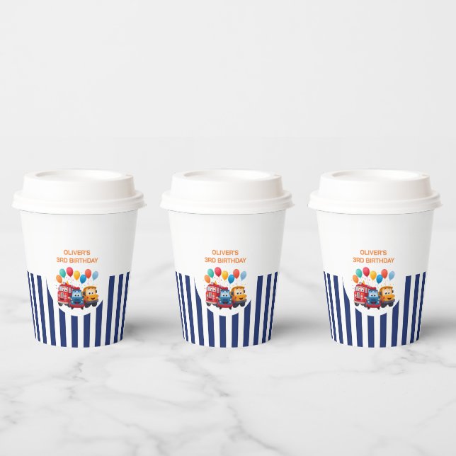 Blue Striped Truck Birthday Theme Paper Cups (Multi)