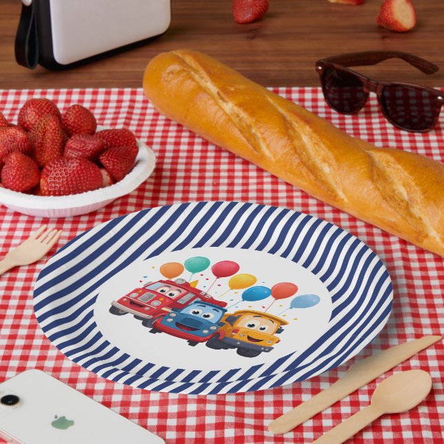 Blue Striped Truck Birthday Theme Paper Plate (Picnic)
