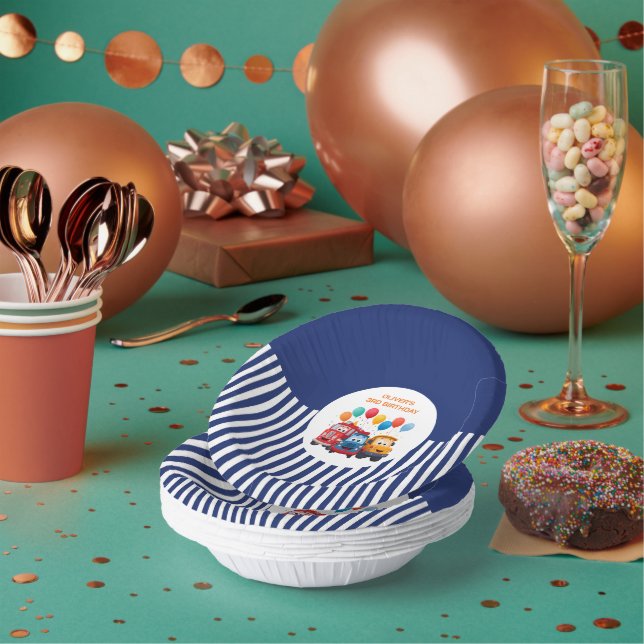 Blue Striped Truck Birthday Theme Paper Plate (Multi)