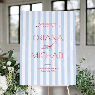 Blue Striped Wedding Welcome Sign with Red Font