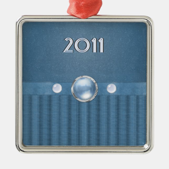 Blue Stripes and Bead Custom Date Premium Ornament (Front)