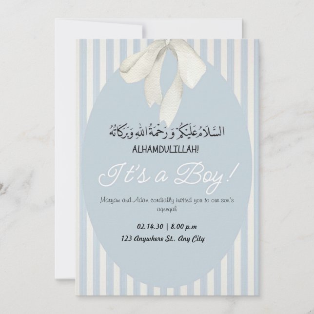 Blue Stripes Baby Boy Announcement Aqiqah Invite (Front)