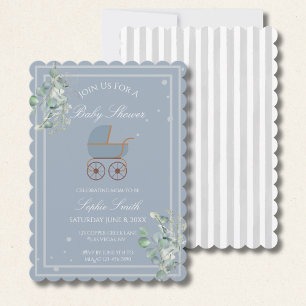 Blue Stripes Baby Carriage Baby Shower Scalloped Invitation