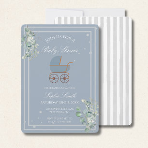 Blue Stripes Baby Carriage Eucalyptus Baby Shower  Invitation