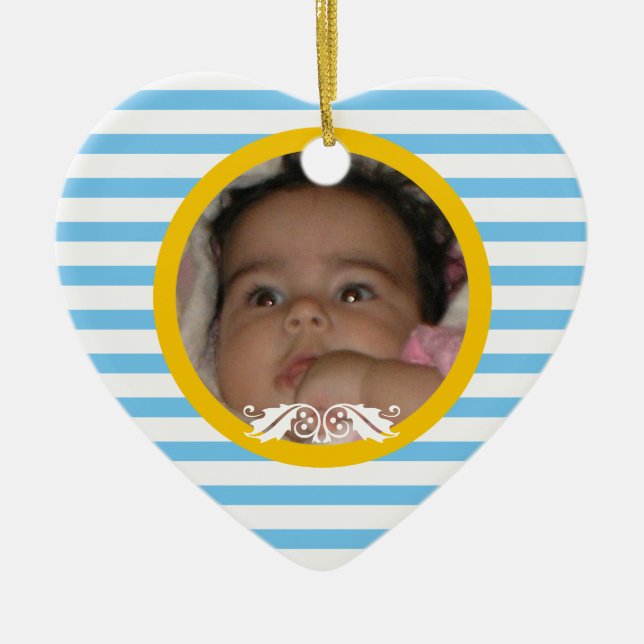 Blue stripes Baby’s 1st Christmas photo Ornament (Front)