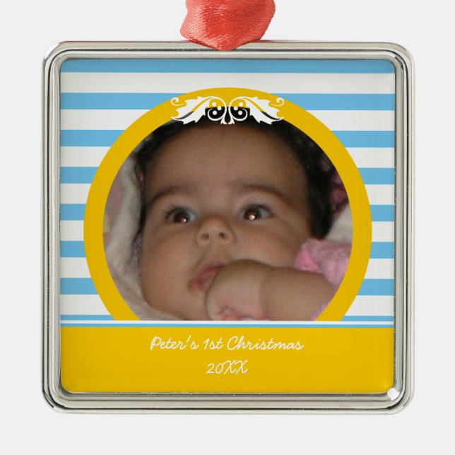 Blue stripes Baby’s 1st Christmas photo Ornament (Front)