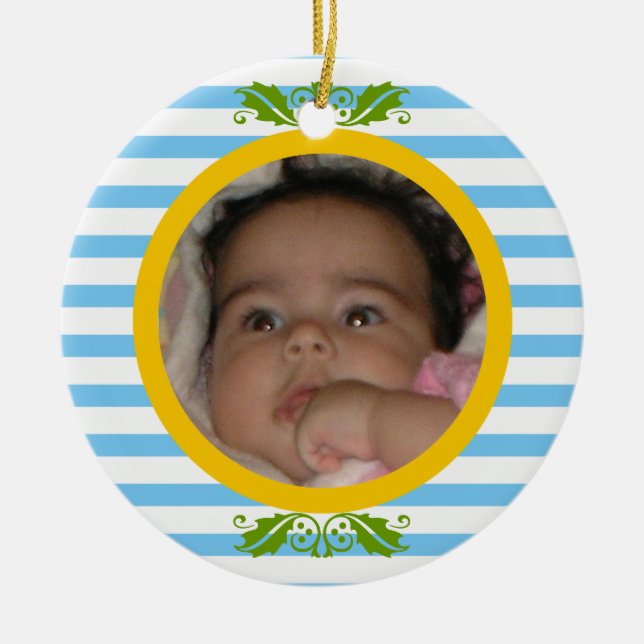 Blue stripes Baby’s 1st Christmas photo Ornament (Front)
