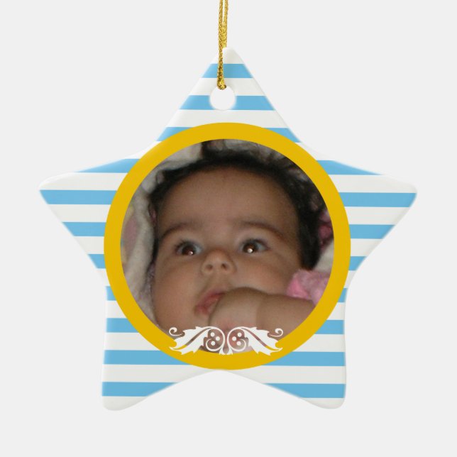 Blue stripes Baby’s 1st Christmas photo Ornament (Front)