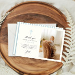 Blue Stripes Baptism Photo Flat Thank You Card<br><div class="desc">Baptism thank you card that features blue stripes and a simple blue cross on an ivory background.
Placeholder photo by Freepik.</div>