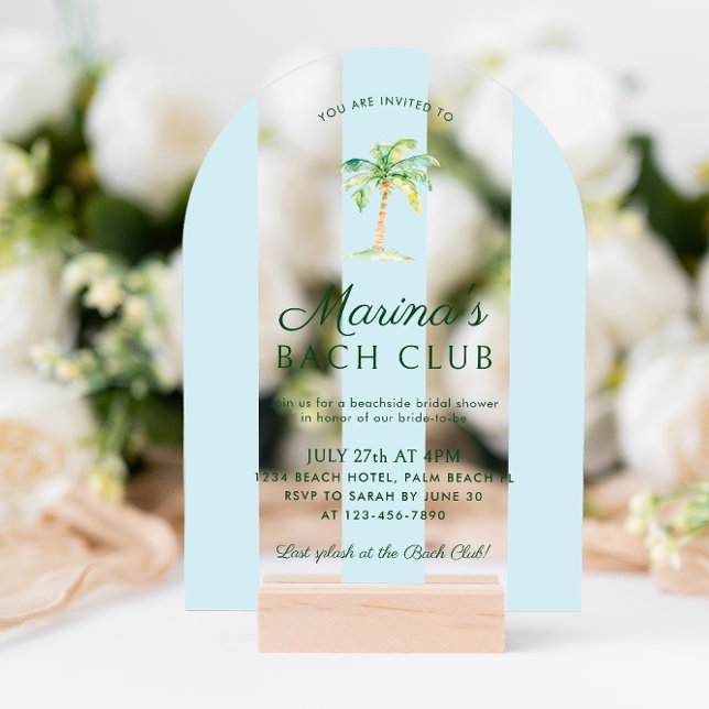 Blue Stripes Beach Bach Club Bridal Shower Arch Acrylic Invitations (Creator Uploaded)