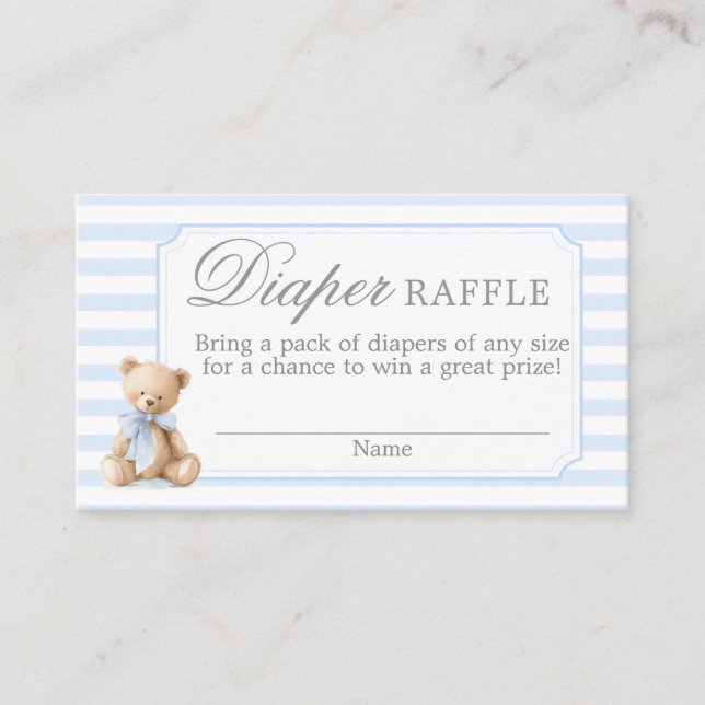 Blue Stripes Bear Baby shower Diaper Raffle Card (Front)