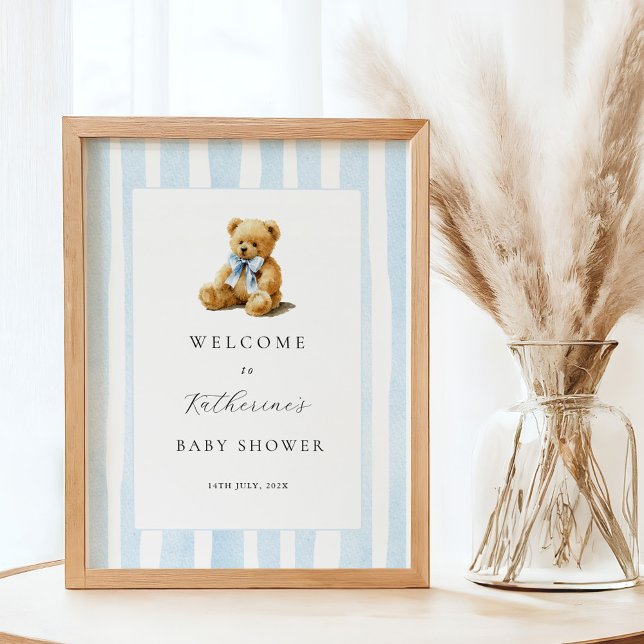 Blue Stripes Bear Baby Shower Welcome Poster (Creator Uploaded)