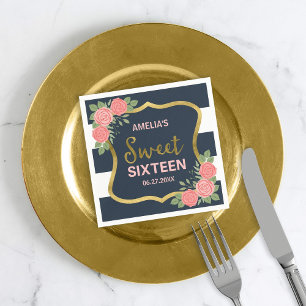 Blue Stripes, Blush Pink Roses Sweet Sixteen Napkin