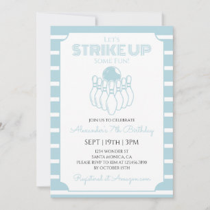 Blue Stripes Bowling Birthday Party Invitation