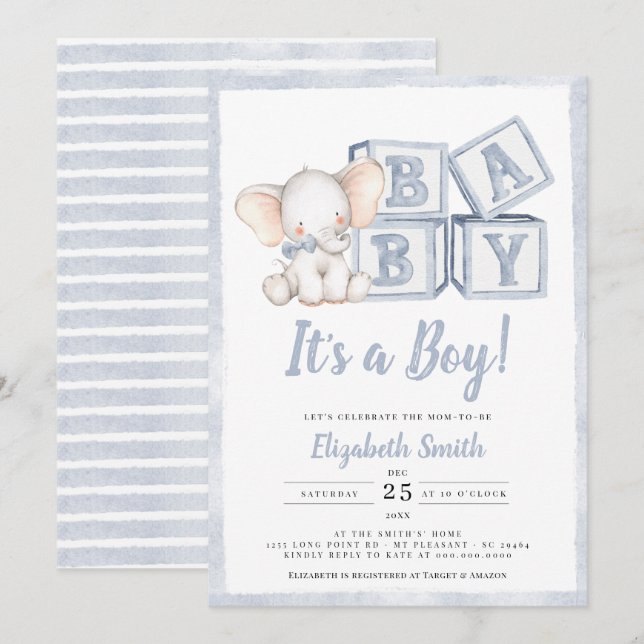 Blue Stripes Boy Elephant Peanut Baby Shower Invitation (Front/Back)