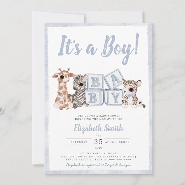 Blue Stripes Boy Safari Animals Baby Shower Invitation (Front)