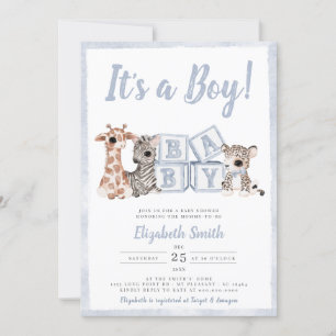 Blue Stripes Boy Safari Animals Baby Shower Invitation