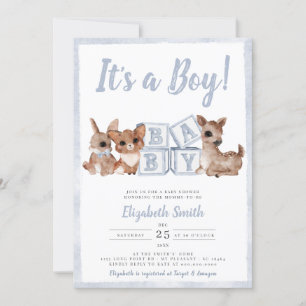 Blue Stripes Boy Woodland Animals Baby Shower Invitation