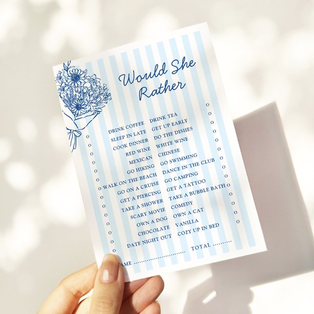 Blue Stripes Bridal Shower Would She Rather Game  Card (Creator Uploaded)