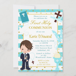 Blue Stripes Brown Haired Boy First Holy Communion Invitation