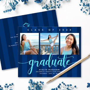 Blue stripes budget graduation 3 photo invitation