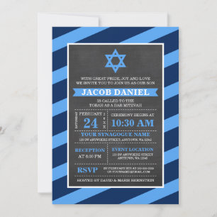Blue Stripes Chalkboard Bar Mitzvah Invitations