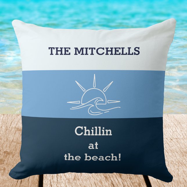 Blue Stripes Chillin Family Name Beach House Cushion (Creator Uploaded)