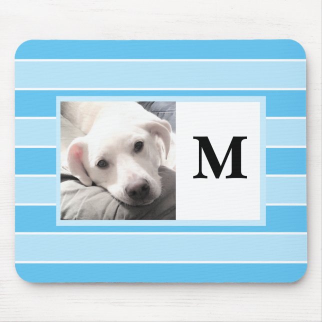 Blue Stripes Custom Initial One Photo Cute Dog Mou Mouse Mat (Front)