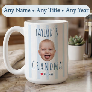 Blue Stripes Custom Photo & Name Baby Face Grandma Coffee Mug