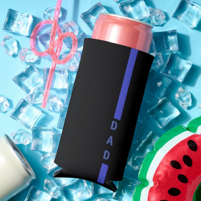 Blue stripes dad text on black seltzer can cooler (In Situ Summer)