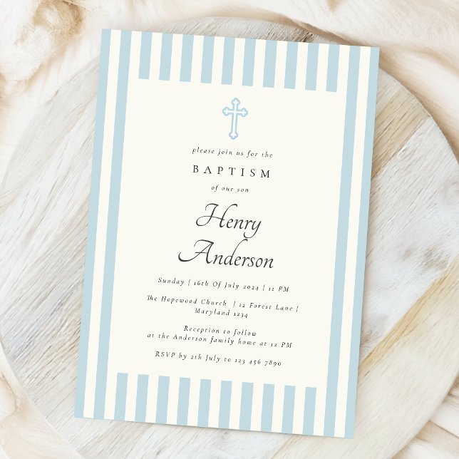 Blue Stripes Elegant Baptism Orthodox Cross Invitation (Creator Uploaded)