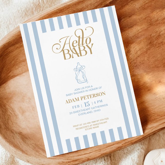 Blue Stripes Elegant Vintage Boy Baby Shower Invitation (Creator Uploaded)