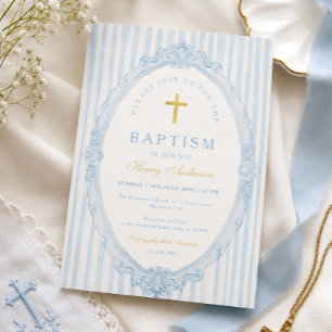 Blue Stripes Elegant Vintage Boy Baptism Invitation