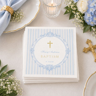 Blue Stripes Elegant Vintage Boy Baptism Napkin