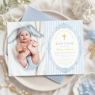 Blue Stripes Elegant Vintage Boy Baptism Photo Invitation