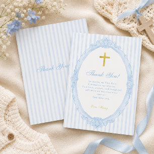 Blue Stripes Elegant Vintage Boy Baptism Thank You Card