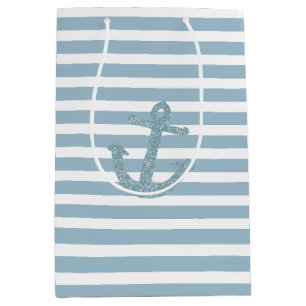 Blue Stripes Faux Glitter Anchor Medium Gift Bag