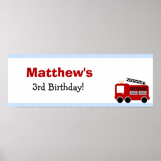Blue Stripes Fire Truck Birthday Party Banner Poster (Front)