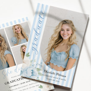 Blue Stripes Floral Graduation Invitation