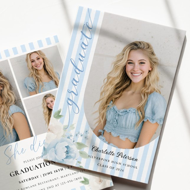 Blue Stripes Floral Graduation Invitation (Creator Uploaded)