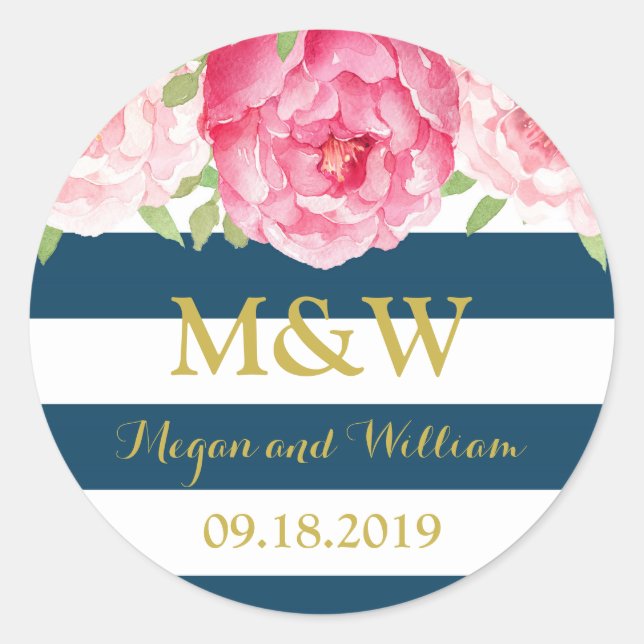 Blue Stripes Floral Monogram Wedding Favour Tag (Front)