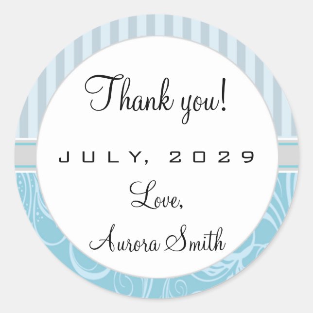 Blue Stripes Floral Thank You Round Label (Front)