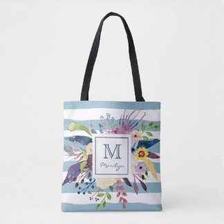 Blue Stripes, Floral Watercolor Painted Monogram Tote Bag