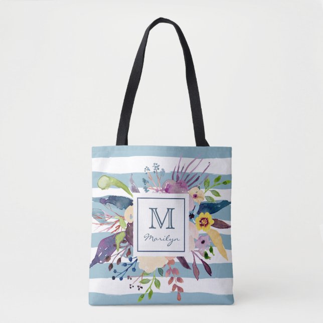 Blue Stripes, Floral Watercolor Painted Monogram Tote Bag (Front)