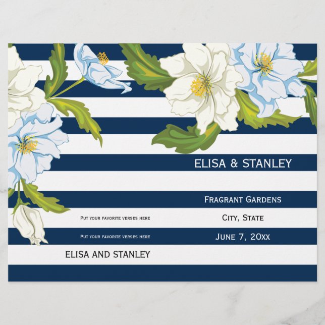 Blue stripes & flowers modern wedding program (Front)