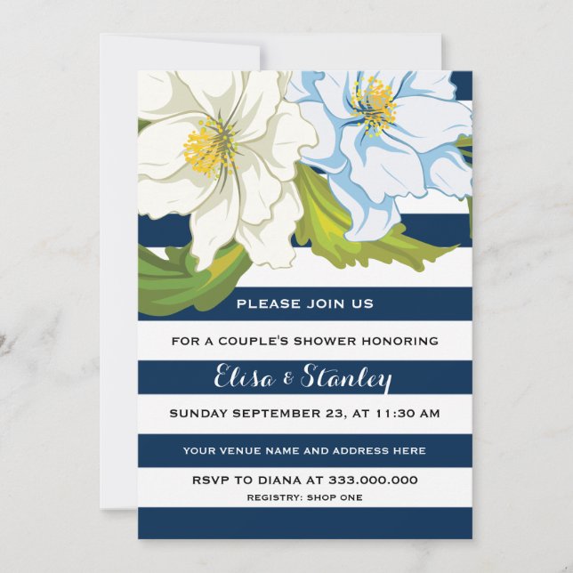 Blue stripes & flowers wedding couples shower invitation (Front)
