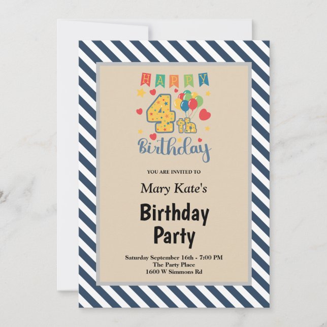 Blue Stripes Framed 4th Birthday Party Invitation (Front)