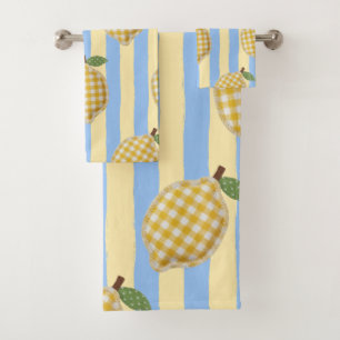 Blue Stripes Gingham Lemon Mediterranean Summer Bath Towel Set