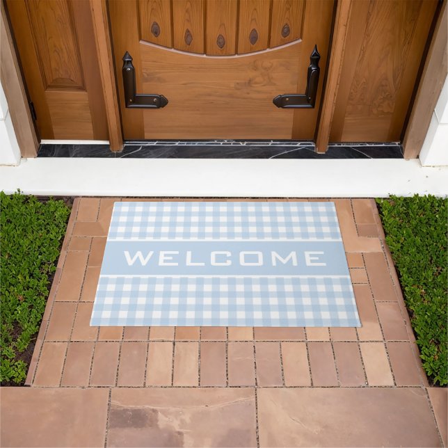 Blue Stripes Gingham Pattern Welcome Doormat (Outdoor)